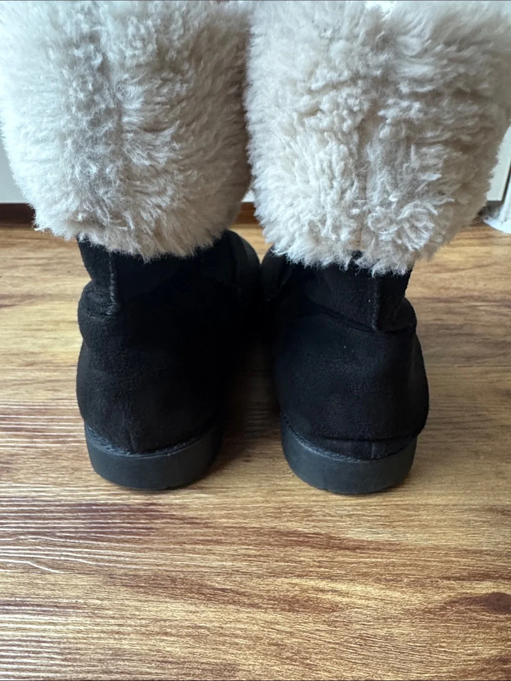 BearPaw Black Suede Winter Boots with Cream Faux-Fur Cuff
